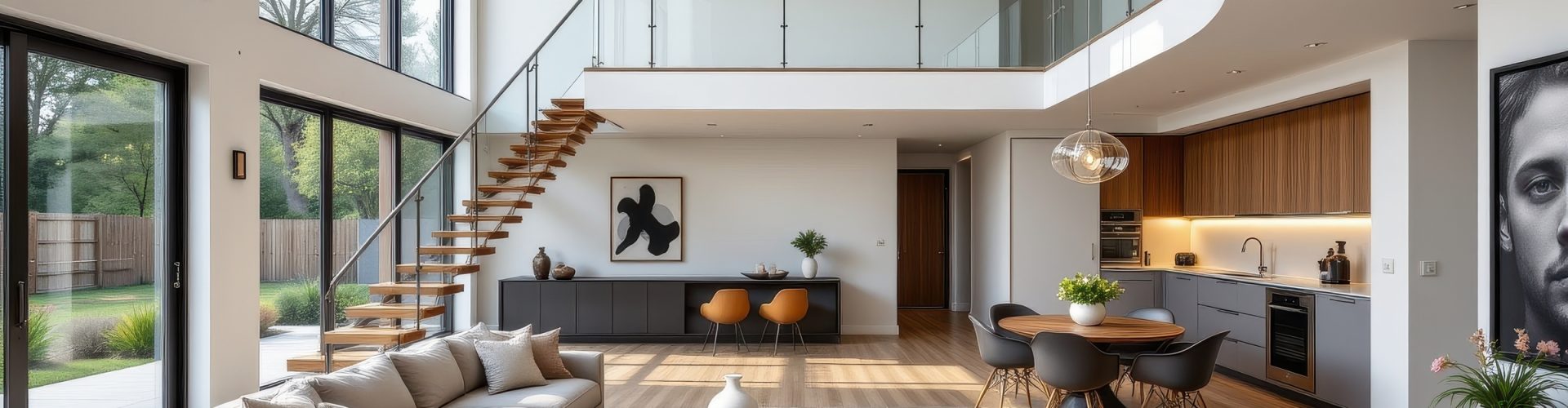 A modern living room featuring a plush sectional sofa, floating staircase in wood and metal, a round dining table, and wide floor to ceiling windows, Generative AI