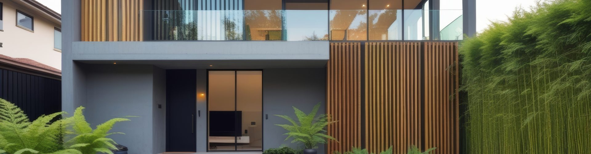 A contemporary two-story house with clean lines and minimalist design. The exterior features wood paneling, a glass railing, and lush greenery including bamboo and ferns. The property includes a pool and manicured lawn, creating a luxurious and tranquil atmosphere.