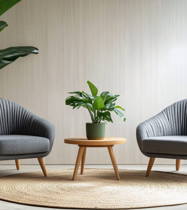 Modern interior design featuring minimalist furniture, neutral tones, and indoor greenery, creating a calming and elegant living space.